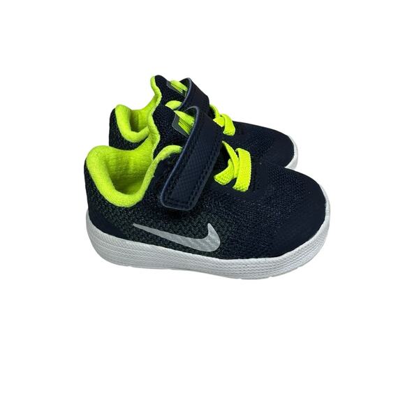 Nike Revolution 3 Baby Boys Sneakers Athletic Shoes Navy Blue Neon Yellow Sz 2C - Picture 1 of 9